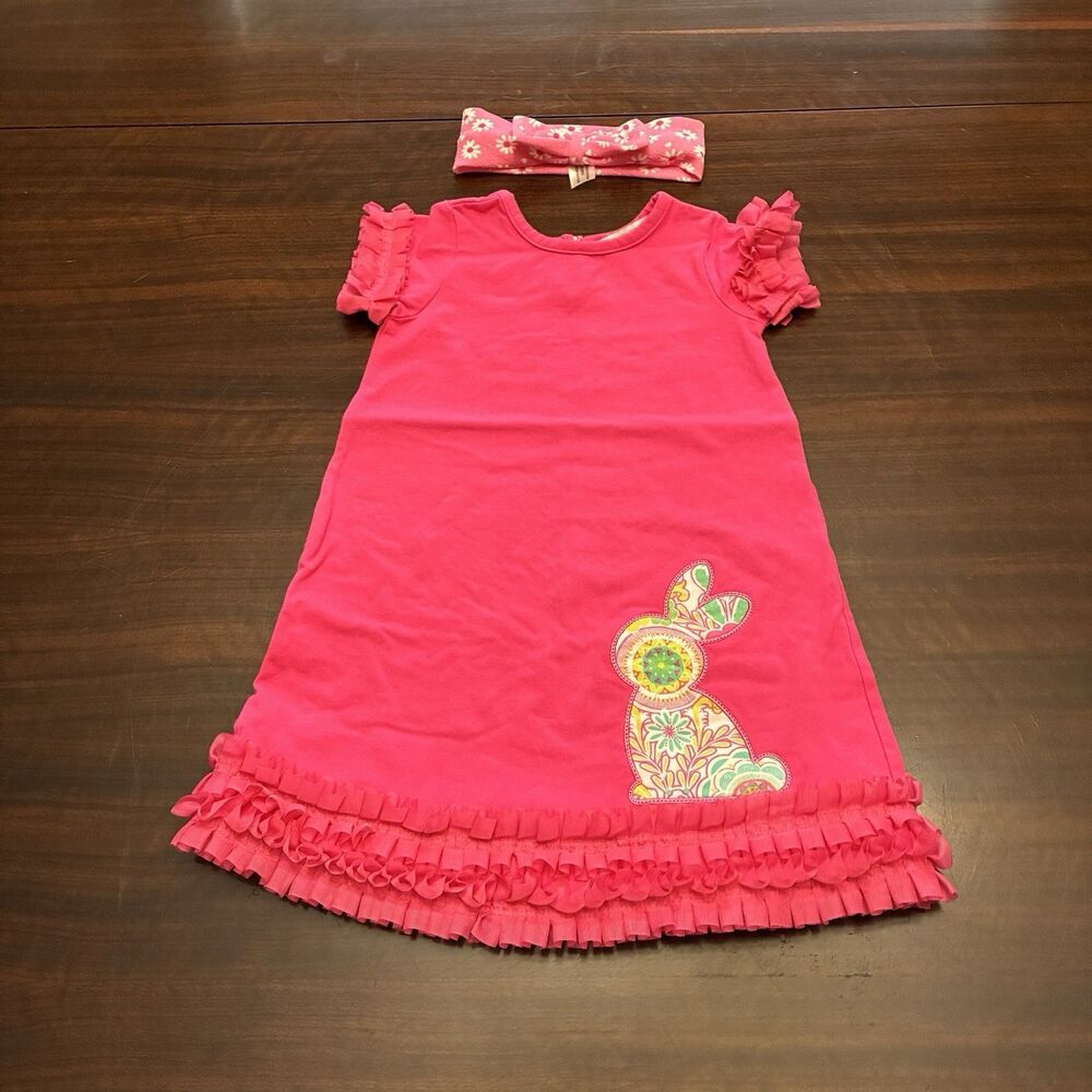 Just Blanks Pink Dressed W/ Bunny Rabbit And Daisy Hair Bow band. Ruffle 18 Mths